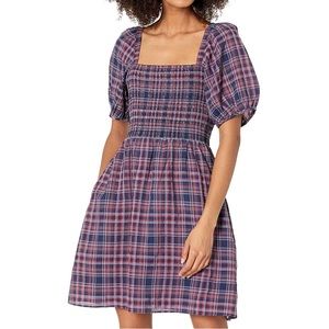 Madewell Lucie Puff-Sleeve Smocked Mini Dress in Rockfern Plaid